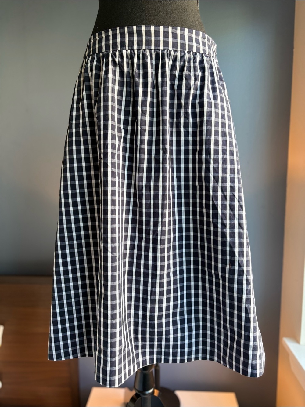 1901 Navy and White Checked Gingham A-Line Midi Skirt w Pockets